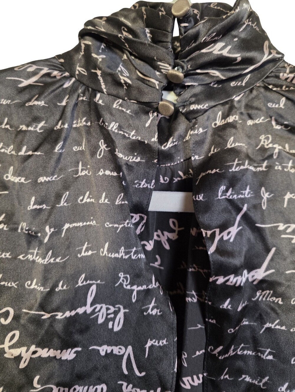 Cinq à Sept Love Note Script Print Ruffle Mock Neck Mini Dress Black Pink - Picture 9 of 11